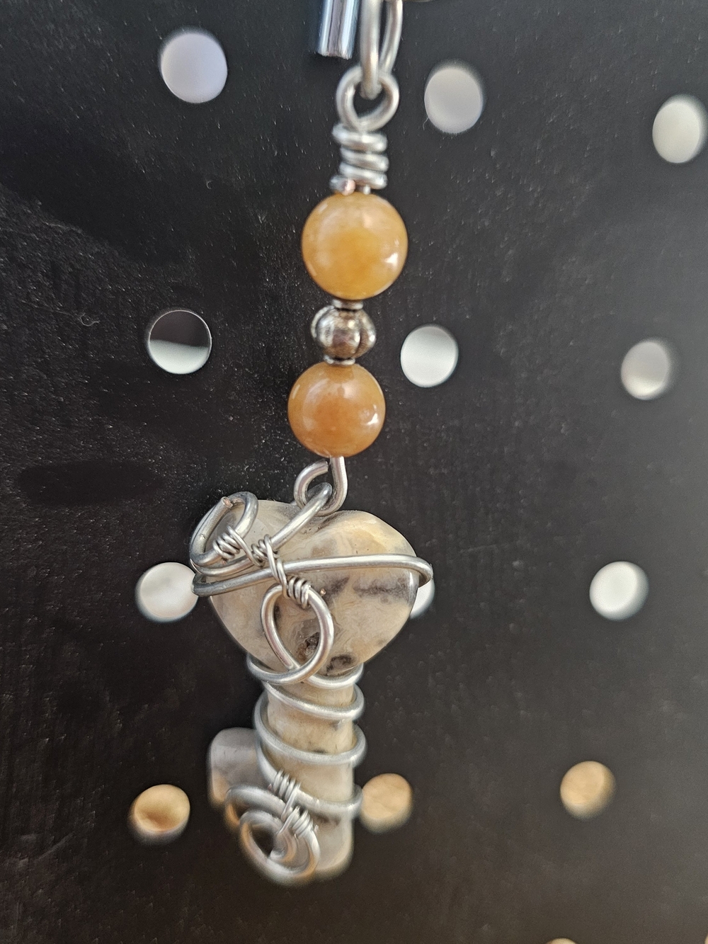 Key Chain Handcrafted Wire-Wrapped Crazy Lace Natural Heart Key Stone.